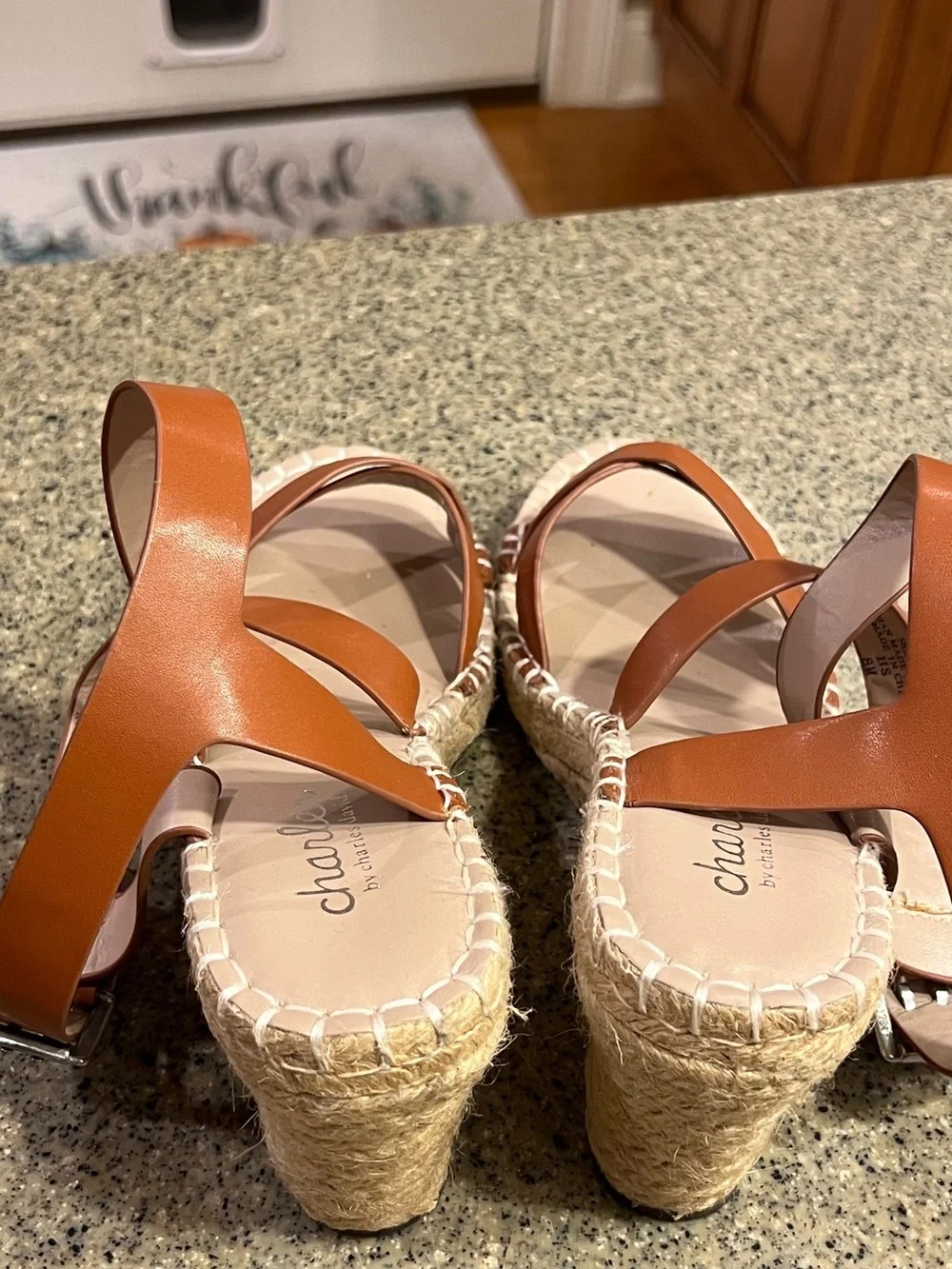 Charles David Cognac Leather Espadrille Wedge Sandals